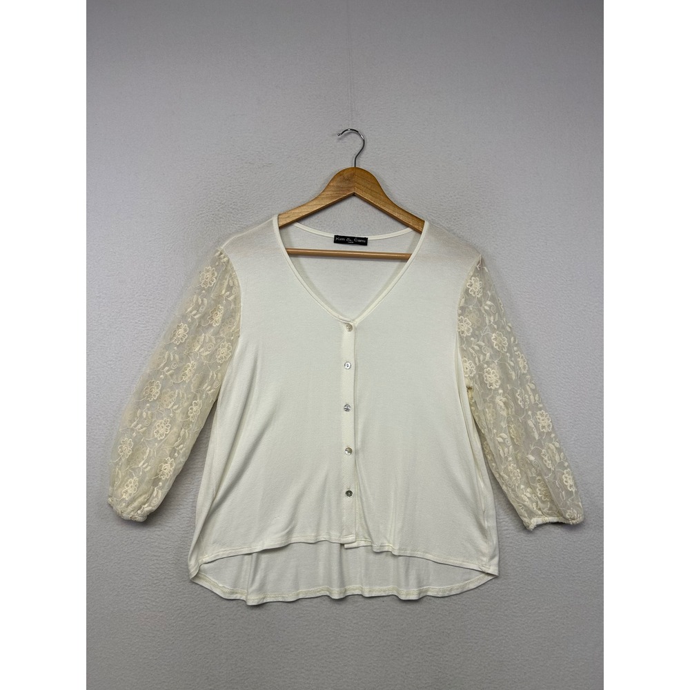 Cottagecore Kim & Cami Womens Small Ivory Lace Sleeve Button Cardigan Top Shabby